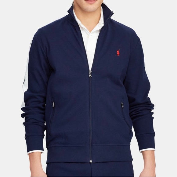 Polo Ralph Lauren Track Jacket Mens Medium Navy Blue White Full Zip Red Pony - Picture 1 of 9